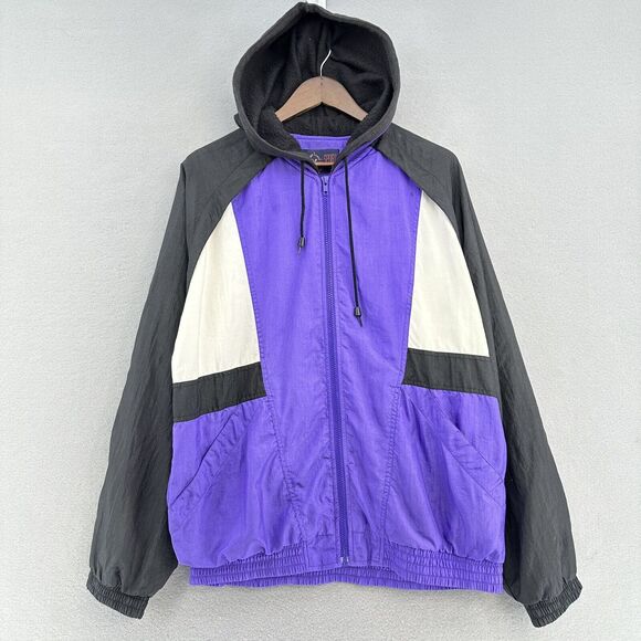 VTG Roundtree‎ & Yorke Sport Purple Black Windbreaker Jacket Mens L 90s HOODED - Picture 1 of 7